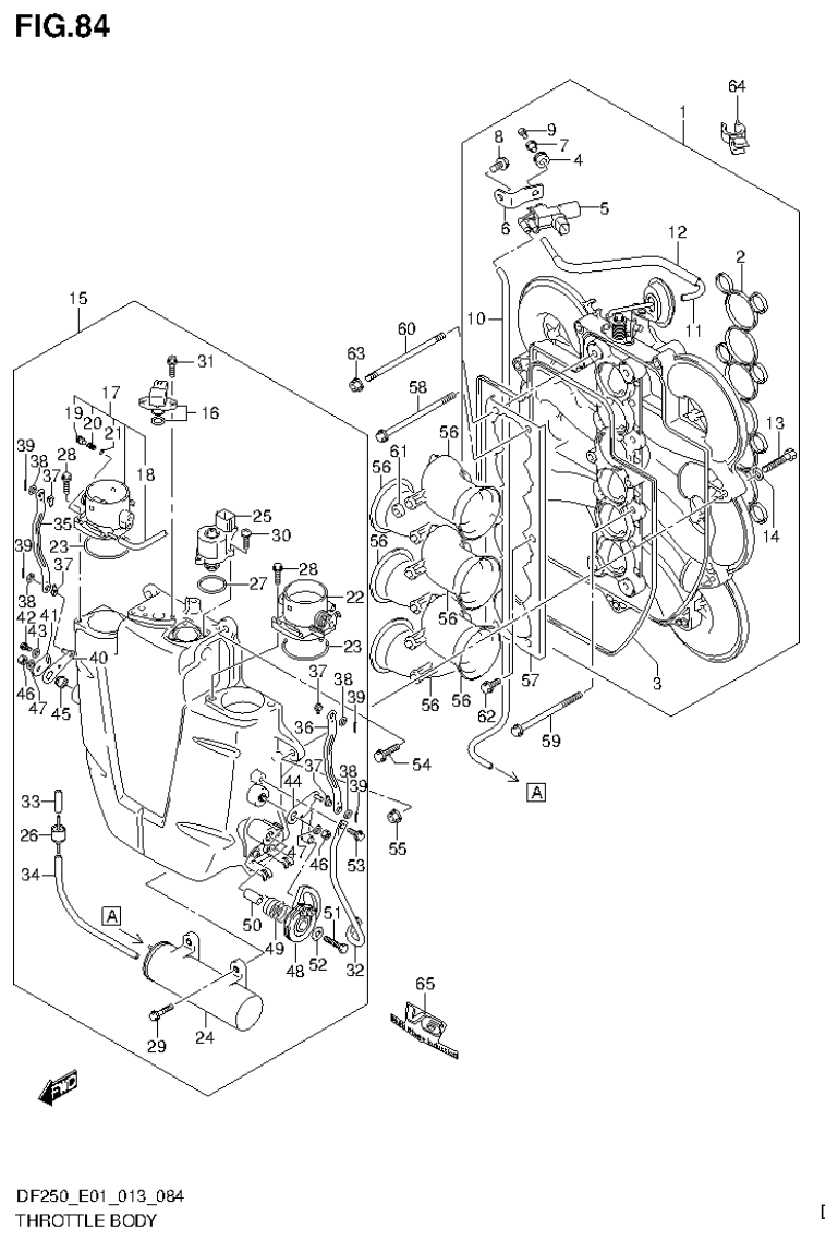 Suzuki DF200T, DF200Z, DF225T, DF225Z, DF250T, DF250Z THROTTLE BODY (DF225T E1) parts diagram